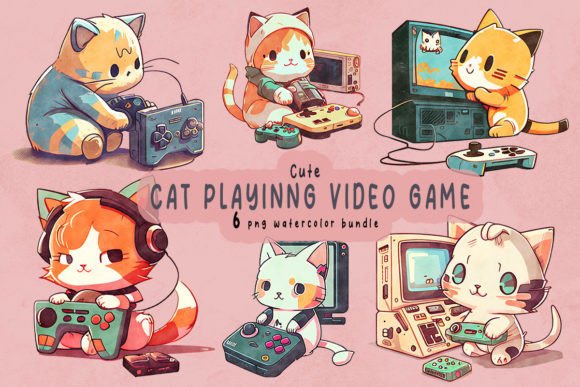 Download Cute Chibi Cat Playing Video Game - Video game Collection